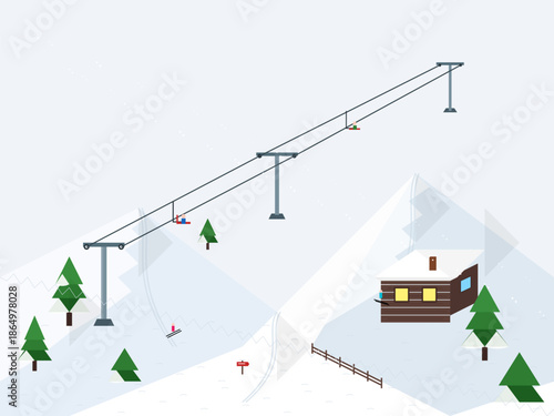 Ski lift transports skiers to slopes near wooden cabin on snowy mountains during winter season