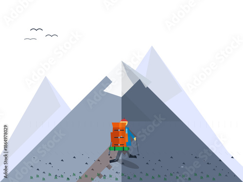 Hiker walks toward mountain peaks on a clear day while carrying a large backpack and using a walking stick for support