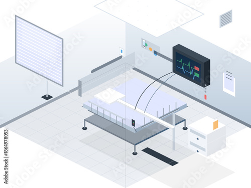 Modern hospital room with medical equipment, patient bed, and monitoring devices during day time hours