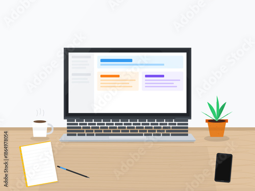 Work setup with computer, notebook, pen, coffee cup, plant, and smartphone on desk during daytime
