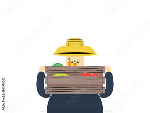 Farmer carries a wooden crate with vegetables under a straw hat in a sunny field setting