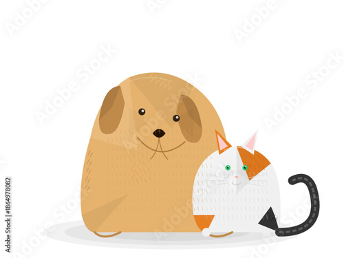 Cute dog and cat sit together in a simple style with bright colors and friendly expressions, showcasing a bond between pets