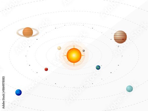 Solar system with planets orbiting the sun in clear space setting showcasing celestial bodies and orbital paths