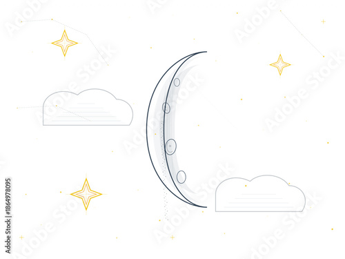 Night sky scene with moon, stars, and clouds brightening a dark backdrop during late evening hours