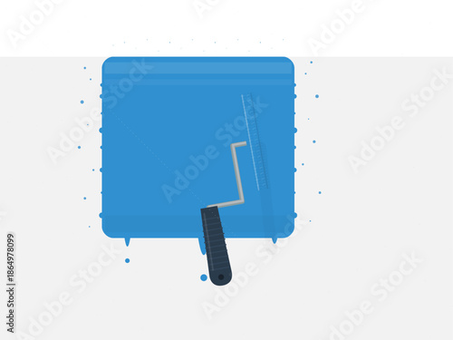 Colorful painting activity with a roller and a blue paint tray on a plain background in a home setting during the daytime