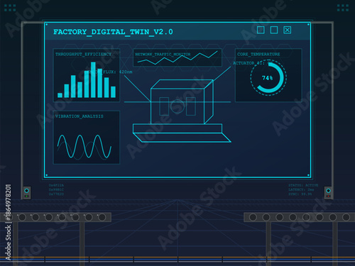 Factory digital twin system showing data analytics for monitoring equipment performance in an industrial setting