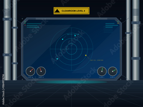 View of a control panel in a cleanroom featuring levels and monitoring instruments at an industrial facility
