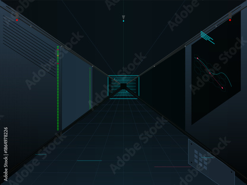 Digital hallway with lines and graphs in a dark setting shows technology in use for data analysis and visualization