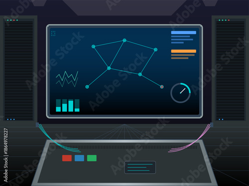 Display shows data trends and metrics on user interface in a tech environment during the evening with dim lighting
