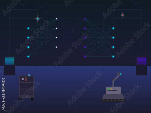 Robot on stage preparing for a light display event in a dark venue with colorful lights and equipment