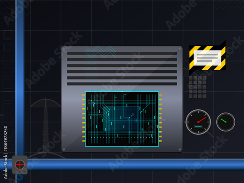 Complex electronic device with circuit display located in a high-tech environment observed during daytime