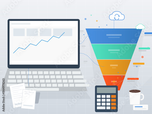 Business data analysis on a laptop screen with a funnel chart and documents displayed for review
