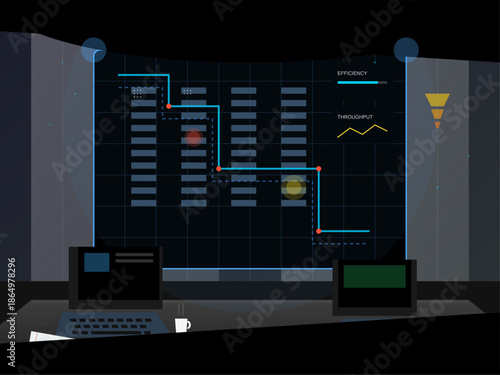Data analysis dashboard shows efficiency trends and throughput metrics in a tech workspace setting at night