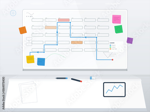 Planning session taking place in an office with a whiteboard filled with notes and charts