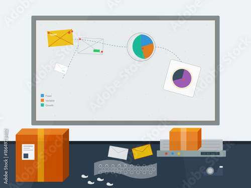 Visual display of business metrics and communication strategies in a workspace setting with boxes and charts