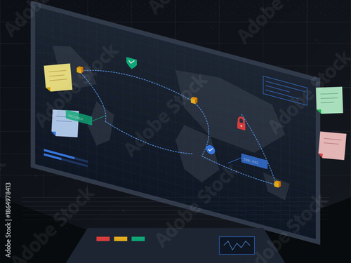 Digital map shows route with markers and notes connected by a dashed line, indicating a planned path for navigation or analysis