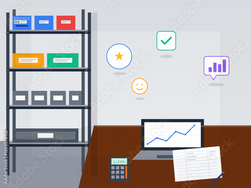 Office workspace with files, computer, and charts showing data trends in a modern setting during daytime