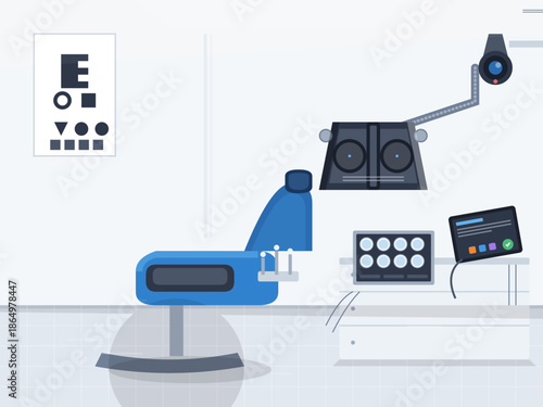 Dental clinic interior with medical equipment and examination chair in a clean, bright setting
