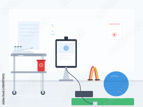 Digital health monitoring setup in a clinical space with equipment and tools for patient assessment and exercise