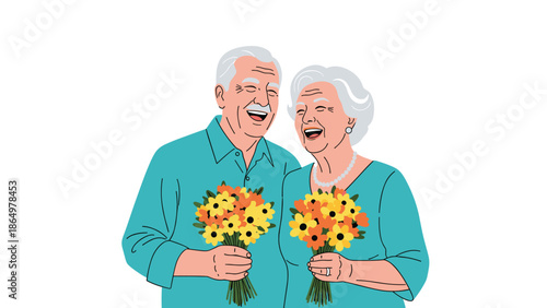 Cheerful elderly couple laughing heartily and holding bouquets of vibrant flowers, symbolizing enduring love and happiness.