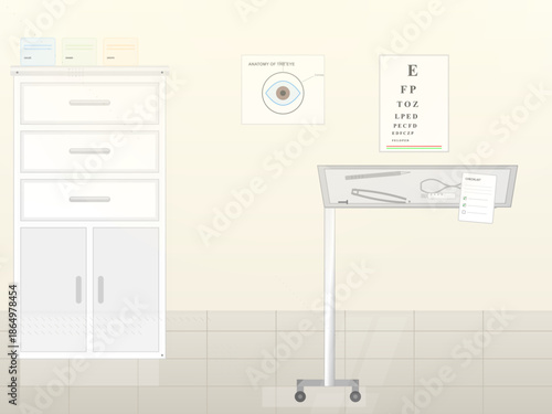 Vision test setup in a clinical room with equipment and charts for eye examination during daylight hours