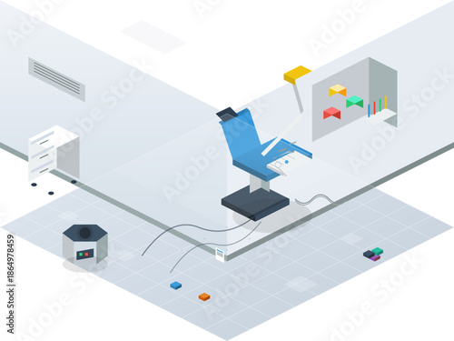 Empty room with medical chair, wires, storage, and scattered objects during work hours