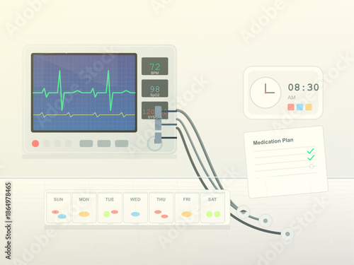 Heart rate monitor display shows vital signs and medication plan for patient care at morning check