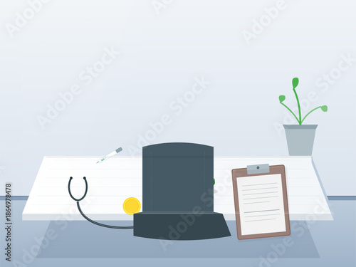 Desk setup with medical equipment and supplies in a simple office environment during daytime work hours