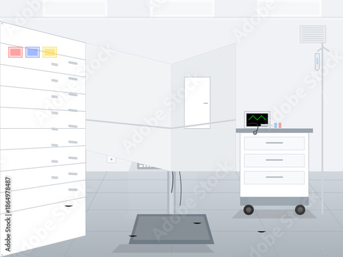 Medical room with cabinets and equipment in a clinical setting during daytime hours