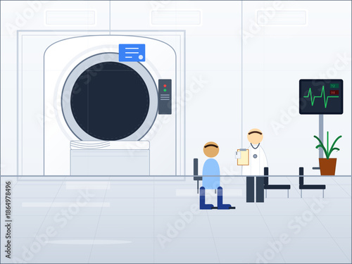 Medical professionals operate a CT scan machine in a hospital setting with a patient present and health monitor nearby