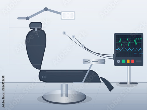 Medical chair setup for patient examination with monitoring equipment in a clinical space at a healthcare facility