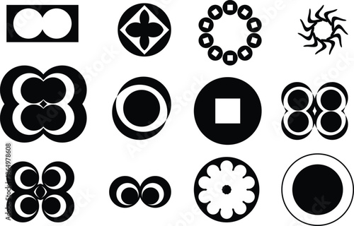 Minimalist Black Vector Emblem Set Geometric Circular Ornaments and Abstract Symbology
