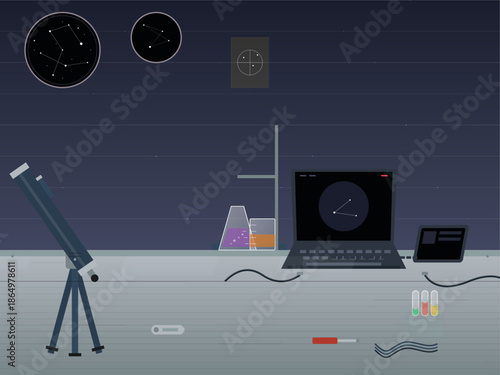 Exploring constellations at the science lab during night time with telescope and computer setup