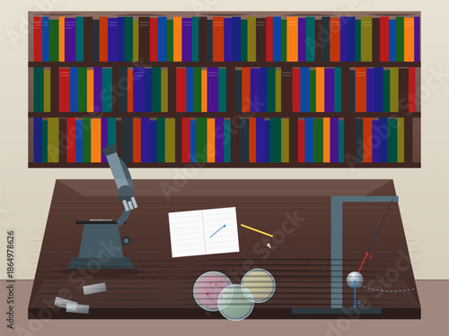 Science lab with tools and books for experiments during day time inside a classroom setting