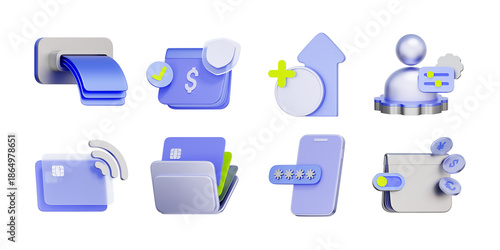 3D icon set of digital wallet and mobile banking including ATM withdrawal, account security, password protection, and multicurrency exchange.