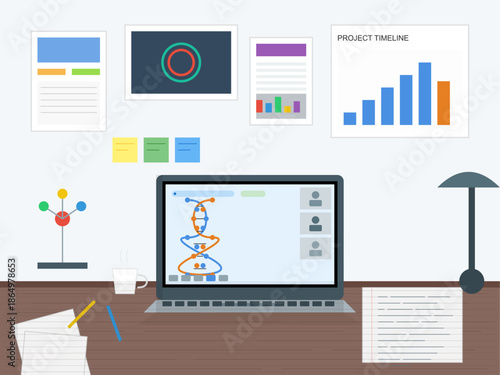 Workspace with laptop showing project timeline and charts during work session with notes and tools