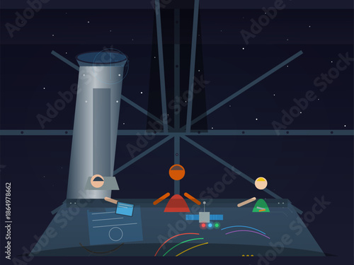 Space station command center with crew members during night shift in low earth orbit
