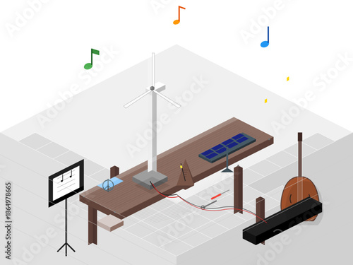 Creative workshop with wind turbine and solar panels for music project in an indoor space