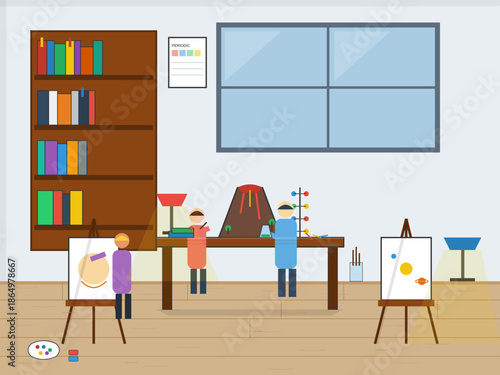 Students work on science projects in a classroom with a large window and bookshelves during daylight