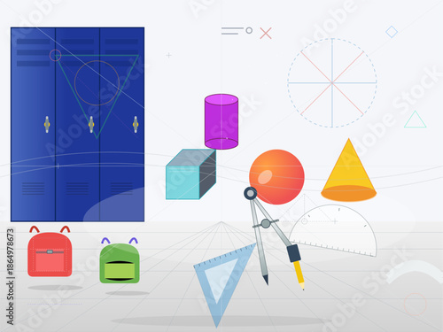Students learn about shapes and geometry near lockers in a classroom environment during a math lesson in school