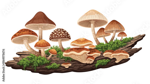 Diverse collection of mushrooms in various shapes and sizes growing on a moss-covered log, symbolizing woodland ecology and fungal growth.