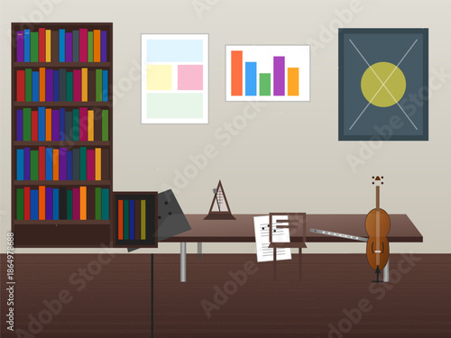 Musical workspace with a shelf, a table, and various instruments in a simple room setting