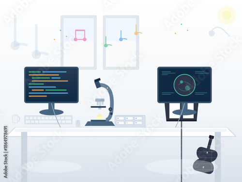 Workstation with computers and microscope in a lab setting for research and analysis purposes