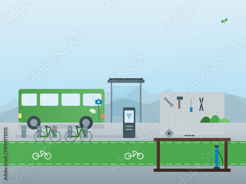 Green bus and bike station in urban setting with tools and equipment nearby for transportation support