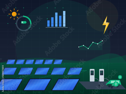 Solar panels generate energy for electric vehicle charging stations in a green landscape at night with data visualizations