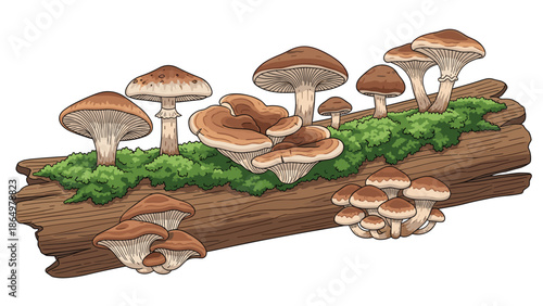 Cluster of various mushrooms growing on a moss-covered log, showcasing the intricate details of woodland fungi and natural growth.
