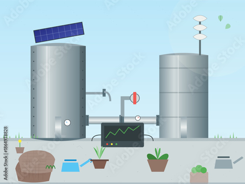 Solar powered system for water management in a garden with monitoring tools for plants and environment