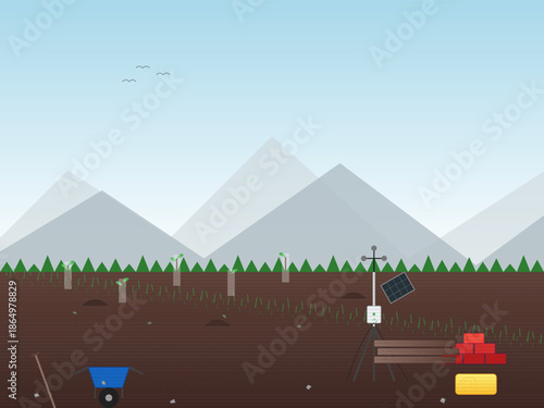 Solar-powered farming setup in a mountain area with tools and vegetation