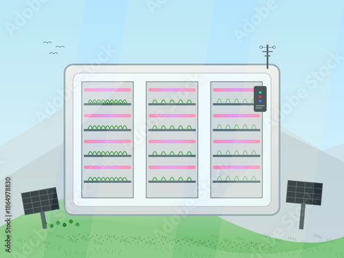Modern indoor farming system uses renewable energy in a green landscape with mountains in the background