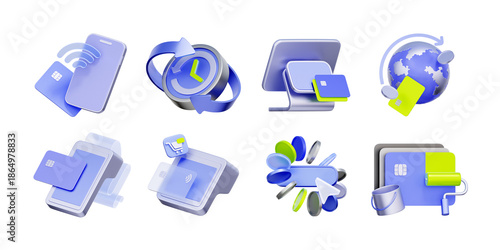3D icon set of global payment and financial transactions including contactless mobile pay, POS terminal, worldwide money transfer, and credit card customization.